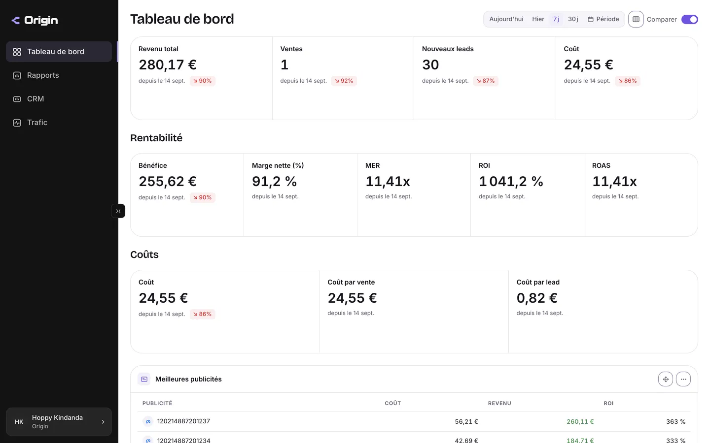 Tableau de bord d'Origin montrant, pour chaque source de trafic, le coût, le revenu et le nombre de ventes.